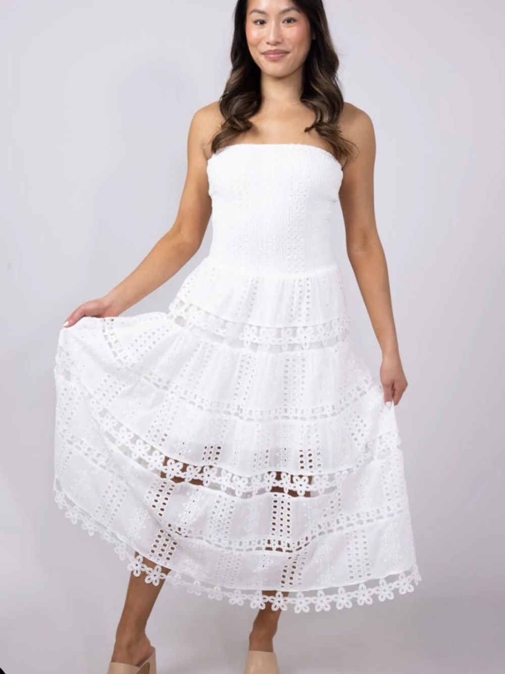 NWT Strut & Bolt Eyelet Lace Strapless Midi Dress